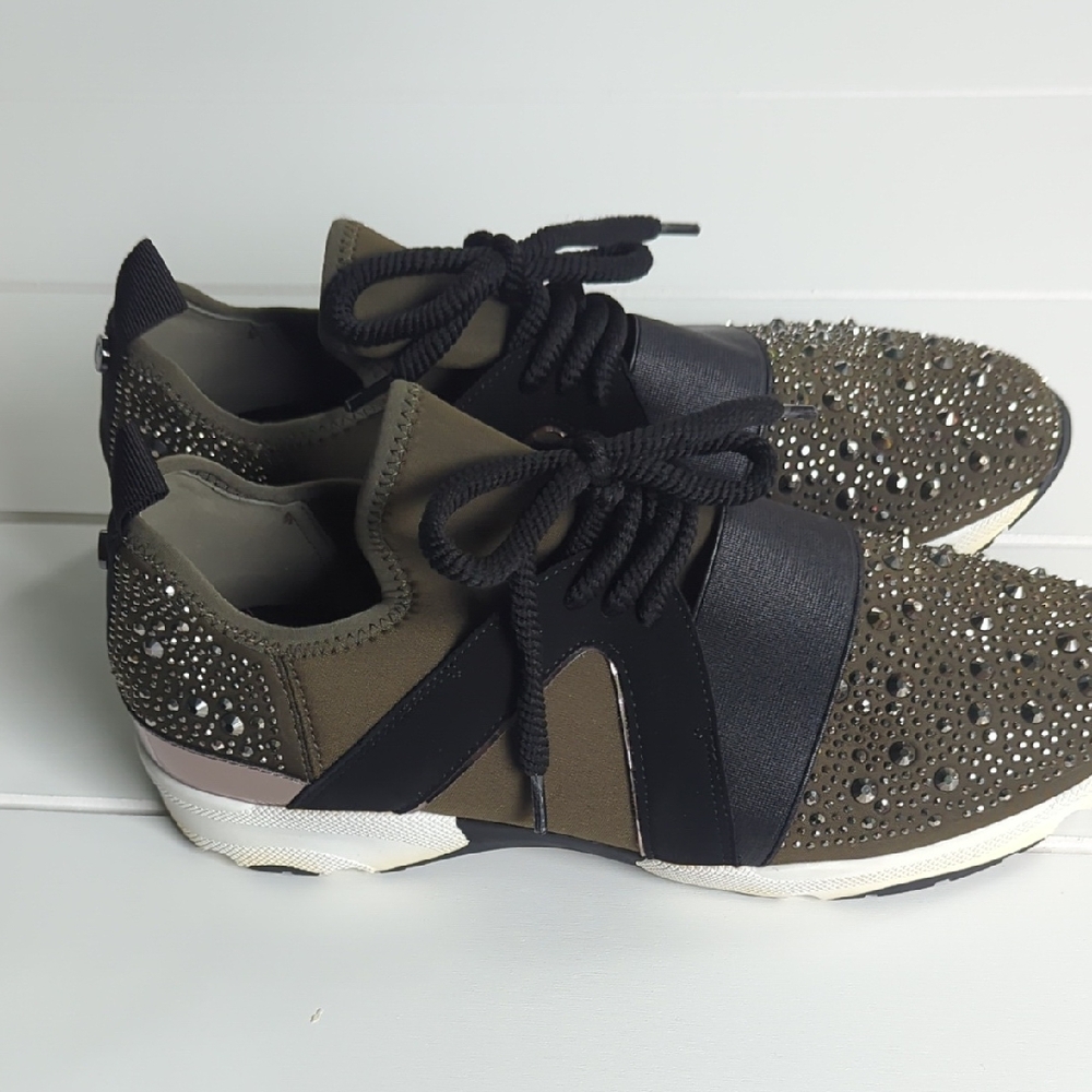 Embellished Olive Green Women's Slip-On Sneaker with Black Accents